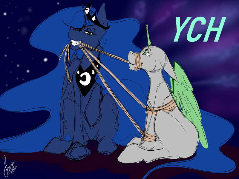 Size: 4000x3000 | Tagged: safe, artist:stirren, derpibooru import, princess luna, alicorn, pony, bondage, commission, couple, female, grin, high res, horn, image, mare, png, rope, rope play, sitting, smiling, wings, your character here