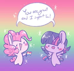 Size: 1058x1006 | Tagged: safe, artist:typhwosion, derpibooru import, pinkie pie, twilight sparkle, twilight sparkle (alicorn), alicorn, earth pony, pony, bisexual pride flag, blush sticker, blushing, dialogue, dot eyes, duo, female, flag, gradient background, headcanon, image, lgbt headcanon, mare, open mouth, pansexual pride flag, png, positive message, positive ponies, pride, pride flag, requested art, sexuality headcanon, sparkles, speech bubble, spread wings, wings