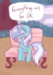 Size: 783x1108 | Tagged: safe, artist:typhwosion, derpibooru import, lyra heartstrings, pony, unicorn, bench, blush sticker, blushing, bush, cloud, dialogue, eyes closed, female, image, lying down, mare, open mouth, open smile, outdoors, png, positive ponies, prone, requested art, smiling, speech bubble, tree