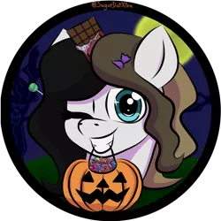 Size: 4160x4160 | Tagged: safe, artist:sugardotxtra, derpibooru import, oc, oc:chocolate fudge, candy, commission, food, halloween, holiday, image, one eye closed, png, pumpkin, ych result