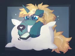 Size: 2000x1500 | Tagged: safe, artist:mirtash, derpibooru import, oc, oc:maple parapet, unofficial characters only, pony, unicorn, heart, image, jpeg, mobile phone, phone, pillow, smartphone, solo, unshorn fetlocks