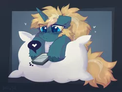 Size: 2000x1500 | Tagged: safe, alternate version, artist:mirtash, derpibooru import, oc, oc:maple parapet, unofficial characters only, pony, unicorn, heart, image, jpeg, mobile phone, phone, pillow, smartphone, solo, unshorn fetlocks