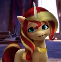 Size: 1078x1085 | Tagged: safe, artist:mira.veike, derpibooru import, edit, edited screencap, screencap, sunset shimmer, pony, unicorn, my little pony: a new generation, spoiler:g5, spoiler:my little pony: a new generation, female, g4 to g5, g5, image, jewelry, jpeg, mare, regalia, solo