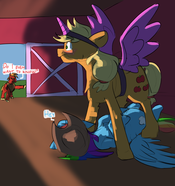Size: 3000x3200 | Tagged: suggestive, artist:applejackofalltrades, applejack, big macintosh, rainbow dash, earth pony, pegasus, pony, accessory swap, appledash, applejack's hat, barn, caught, clothes, cosplay, costume, cowboy hat, dialogue, fake horn, fake wings, female, hat, image, implied lesbian, implied shipping, implied twijack, implied twilight sparkle, lesbian, lying down, male, mare, on back, png, ponytober, roleplay, roleplaying, shipping, stallion