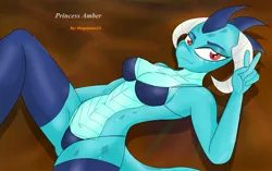 Size: 1879x1177 | Tagged: suggestive, artist:megajesus15, derpibooru import, princess ember, anthro, dragon, bikini, boots, breasts, busty princess ember, clothes, dragoness, explicit source, female, image, jpeg, lidded eyes, lizard breasts, looking at you, lying down, peace sign, pinup, sexy, shoes, smiling, solo, solo female, swimsuit, thigh boots