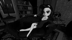 Size: 1600x900 | Tagged: suggestive, artist:oatmeal!, derpibooru import, rarity, human, equestria girls, 3d, black and white, breasts, clothes, costume, elvira, gmod, grayscale, halloween, halloween costume, holiday, humanized, image, legs, monochrome, png, solo