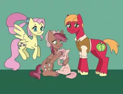 Size: 1080x824 | Tagged: safe, artist:galaxy._.bro, derpibooru import, big macintosh, fluttershy, oc, oc:sugar cube, pony, alternate hairstyle, alternate timeline, blank flank, brother and sister, clothes, colt, cowboy hat, cutie mark, family, female, filly, fluttermac, flying, green background, hat, image, jpeg, male, noogie, offspring, older, older big macintosh, older fluttershy, parent:big macintosh, parent:fluttershy, parents:fluttermac, shipping, siblings, simple background, sitting, standing, straight, unshorn fetlocks, vest