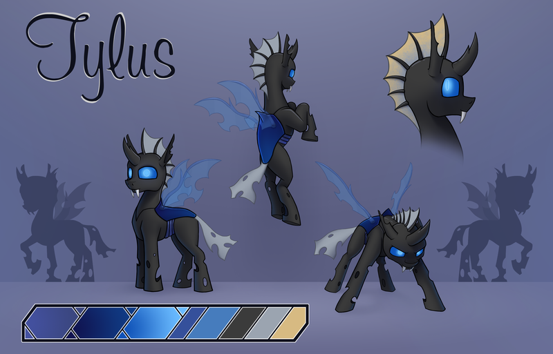 Size: 3388x2171 | Tagged: safe, artist:tsswordy, derpibooru import, oc, oc:tylus, unofficial characters only, changeling, blue eyes, changeling oc, fangs, glow, glowing eyes, horn, image, male, png, reference, reference sheet, solo, wings