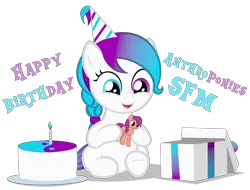 Size: 5350x4060 | Tagged: safe, artist:strategypony, derpibooru import, sunny starscout, oc, oc:aurora starling, unofficial characters only, earth pony, pony, g5, anthroponiessfm's birthday, birthday, birthday gift, cute, daaaaaaaaaaaw, female, filly, foal, hat, image, missing accessory, ocbetes, party hat, png, present, simple background, toy, transparent background, yin-yang