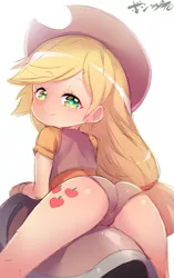 Size: 475x757 | Tagged: suggestive, artist:born-to-die, banned from derpibooru, ponybooru import, applejack, human, butt, clothes, cutie mark, cutie mark on human, female, gloves, hat, humanized, image, leather vest, lolicon, looking at you, looking back, looking back at you, png, saddle, sexy, shirt, simple background, solo, stupid sexy applejack, tack, underage, underwear, vest, white background