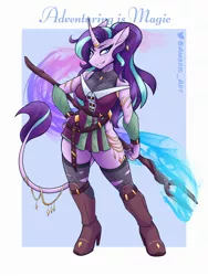 Size: 1800x2400 | Tagged: safe, artist:ambris, derpibooru import, starlight glimmer, anthro, classical unicorn, pony, unguligrade anthro, unicorn, adventuring is magic, cloven hooves, ear piercing, earring, female, grin, image, jewelry, jpeg, leonine tail, looking at you, mare, piercing, smiling, smirk, solo, staff, unshorn fetlocks