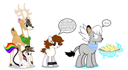 Size: 1024x563 | Tagged: safe, artist:frostthehobidon, derpibooru import, oc, oc:alex voicer, oc:frostbite, oc:lightning bliss, oc:tyandaga, deer, reindeer, clothes, comic, cookie, dialogue, food, image, plate, png, scarf, simple background, speech bubble, that deer sure does love cookies, transparent background