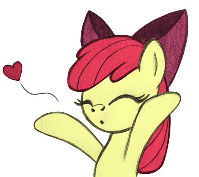 Size: 1024x915 | Tagged: safe, artist:lockerobster, color edit, derpibooru import, edit, apple bloom, earth pony, pony, adorabloom, blowing a kiss, bow, colored, cute, eyes closed, female, filly, heart, image, kissing, png, sketch, solo