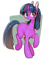 Size: 1278x1620 | Tagged: safe, artist:derekireba, banned from derpibooru, paywalled source, twilight sparkle, pony, unicorn, blank flank, female, image, jpeg, mare, raised hoof, simple background, solo, standing