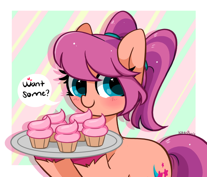 Size: 5019x4288 | Tagged: safe, artist:kittyrosie, derpibooru import, sunny starscout, earth pony, pony, my little pony: a new generation, abstract background, absurd resolution, alternate hairstyle, blushing, cupcake, cute, female, food, g5, happy, heart, heart eyes, high res, holding, image, looking at you, mare, png, ponytail, simple background, smiling, smiling at you, solo, sunnybetes, text, unshorn fetlocks, wingding eyes