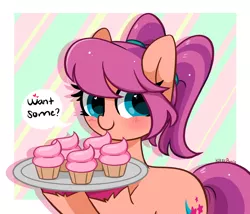 Size: 5019x4288 | Tagged: safe, artist:kittyrosie, derpibooru import, sunny starscout, earth pony, pony, my little pony: a new generation, abstract background, absurd resolution, alternate hairstyle, blushing, cupcake, cute, female, food, g5, happy, heart, heart eyes, high res, holding, image, looking at you, mare, png, ponytail, simple background, smiling, smiling at you, solo, sunnybetes, text, unshorn fetlocks, wingding eyes