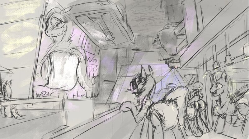 Size: 958x536 | Tagged: questionable, semi-grimdark, artist:auntiefrost, derpibooru import, oc, earth pony, pegasus, pony, alcohol, beer, billboard, cyberpunk, diaper, diaper fetish, female, fetish, flying car, image, jpeg, male, mare, sketch, stallion