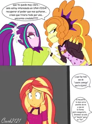 Size: 1280x1713 | Tagged: safe, artist:crock2121, derpibooru import, adagio dazzle, aria blaze, sunset shimmer, equestria girls, equestria girls series, spoiler:eqg series (season 2), betrayal, clothes, comic, cruise outfit, crying, dialogue, female, females only, heartbreak, image, implied lesbian, jpeg, music festival outfit, pigtails, sad, spanish, teary eyes, translated in the description, twintails