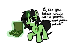 Size: 891x579 | Tagged: suggestive, artist:neuro, derpibooru import, oc, oc:anonfilly, unofficial characters only, pony, unicorn, blfc, dialogue, female, filly, floor pizza, food, glow, glowing horn, horn, image, magic, oh no, open mouth, pizza, pizza box, png, question, raised hoof, raised leg, simple background, smiling, solo, telekinesis, this will not end well, transparent background