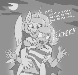 Size: 1063x1027 | Tagged: suggestive, artist:caroo, derpibooru import, princess celestia, oc, oc:dreamy daze, alicorn, anthro, pegasus, belly button, clothes, cuffs, dialogue, floppy ears, image, laughing, monochrome, nightmare night, open mouth, png, prison outfit, shrunken pupils, sketch, tickling, ticklish tummy, vampire costume, wide eyes
