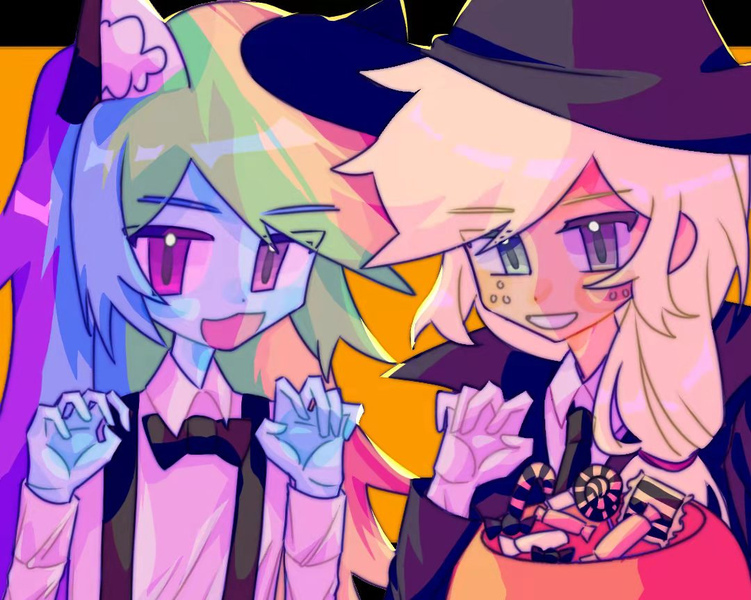 Size: 1080x863 | Tagged: safe, artist:daitangsugar, derpibooru import, applejack, rainbow dash, equestria girls, appledash, cat ears, clothes, costume, female, halloween, halloween costume, hat, holiday, image, jpeg, lesbian, shipping, trick or treat, witch hat