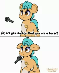 Size: 3230x4000 | Tagged: safe, artist:partylikeanartist, derpibooru import, hitch trailblazer, earth pony, pony, are you aware you are a pony, badge, comic, cute, g5, hitchbetes, image, jpeg, meme, microphone, parody, sheriff, sheriff's badge, shocked, simple background, solo, subtitles, sweat, text, white background
