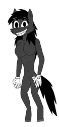 Size: 720x1544 | Tagged: safe, artist:fxmaf, derpibooru import, oc, oc:cartoon pony, anthro, earth pony, pony, unguligrade anthro, belly button, black fur, black mane, breasts, chest fluff, clothes, complete nudity, featureless breasts, featureless crotch, female, gloves, image, original art, png, simple background, smiling, solo, teeth, white background