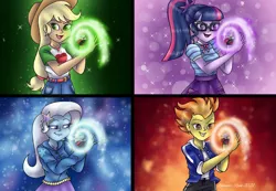 Size: 1280x888 | Tagged: safe, artist:lavenderrain24, derpibooru import, applejack, sci-twi, spitfire, trixie, twilight sparkle, equestria girls, aj morphs, image, jpeg, kishiryu sentai ryusoulger, morpher, morphing, power rangers, power rangers dino fury, spitfire morphs, trixie morphs, twilight morphs