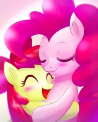 Size: 640x800 | Tagged: safe, artist:jurisalis, derpibooru import, apple bloom, pinkie pie, earth pony, pony, apple bloom's bow, blushing, bow, cute, duo, eyes closed, female, filly, hair bow, hug, image, mare, open mouth, png, smiling