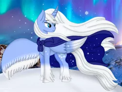 Size: 960x720 | Tagged: safe, artist:madlilon2051, derpibooru import, oc, unofficial characters only, alicorn, pony, alicorn oc, aurora borealis, cape, clothes, colored wings, female, horn, image, looking back, mare, outdoors, png, snow, two toned wings, unshorn fetlocks, wings