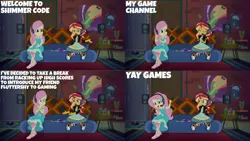 Size: 1280x720 | Tagged: safe, derpibooru import, edit, edited screencap, editor:quoterific, screencap, fluttershy, sunset shimmer, equestria girls, equestria girls series, game stream, spoiler:eqg series (season 2), clothes, eyes closed, female, gamer sunset, gamershy, geode of fauna, hairpin, headphones, image, jewelry, magical geodes, necklace, open mouth, open smile, png, sandals, shoes, smiling, sneakers