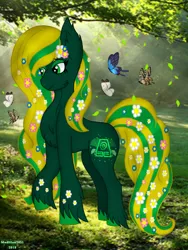 Size: 720x960 | Tagged: safe, artist:madlilon2051, derpibooru import, oc, oc:eleanor, unofficial characters only, butterfly, earth pony, insect, pony, earth pony oc, female, flower, flower in hair, image, mare, outdoors, png