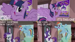 Size: 1280x720 | Tagged: safe, derpibooru import, edit, edited screencap, editor:quoterific, screencap, rainbow dash, rarity, twilight sparkle, twilight sparkle (alicorn), alicorn, pegasus, pony, unicorn, season 4, three's a crowd, cute, female, flying, image, jpeg, mare, one eye closed, open mouth, open smile, poster, smiling, spoiler alert, spread wings, tongue out, train station, twiabetes, wings, wink