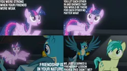 Size: 1280x720 | Tagged: safe, derpibooru import, edit, edited screencap, editor:quoterific, screencap, gallus, sandbar, tree of harmony, alicorn, earth pony, gryphon, pony, season 8, what lies beneath, spoiler:s08, female, flying, image, mare, open mouth, png, spread wings, treelight sparkle, wings