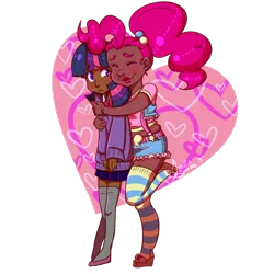 Size: 600x600 | Tagged: safe, artist:jazzie-simone, derpibooru import, pinkie pie, twilight sparkle, human, alternate hairstyle, clothes, dark skin, eyes closed, female, heart, hug, hug from behind, humanized, image, lesbian, overalls, pigtails, png, sandals, shipping, smiling, socks, striped socks, twinkie