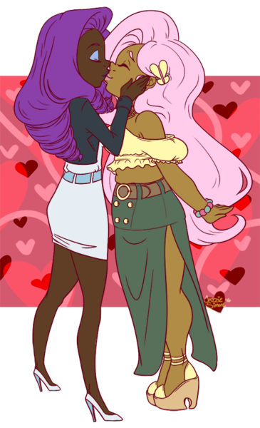 Size: 474x779 | Tagged: safe, artist:jazzie-simone, derpibooru import, fluttershy, rarity, human, clothes, dark skin, dress, eyes closed, female, flarity, hairclip, high heels, humanized, image, kissing, lesbian, png, shipping, shoes, simple background, skirt, smiling, transparent background