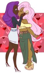 Size: 474x779 | Tagged: safe, artist:jazzie-simone, derpibooru import, fluttershy, rarity, human, clothes, dark skin, dress, eyes closed, female, flarity, hairclip, high heels, humanized, image, kissing, lesbian, png, shipping, shoes, simple background, skirt, smiling, transparent background