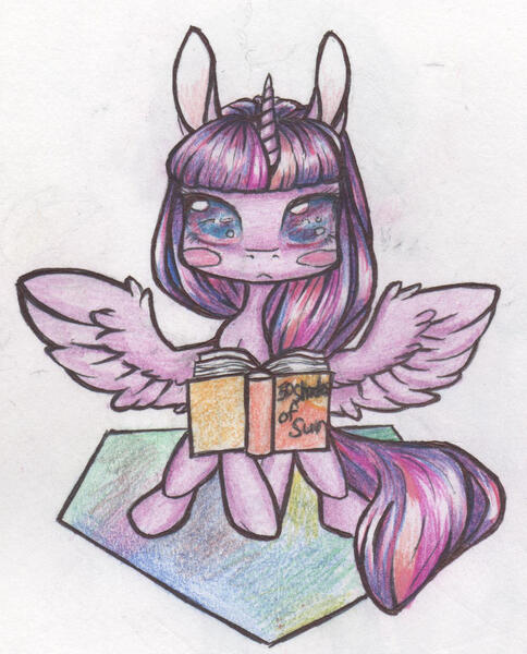 Size: 1250x1548 | Tagged: safe, artist:alcidence, derpibooru import, part of a set, twilight sparkle, twilight sparkle (alicorn), alicorn, pony, blush sticker, blushing, book, colored pupils, image, jpeg, reading, solo, spread wings, traditional art, wings