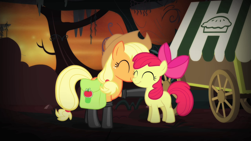 Size: 1280x720 | Tagged: safe, derpibooru import, screencap, apple bloom, applejack, earth pony, pony, somepony to watch over me, adorabloom, boots, clothes, cute, duo, duo female, female, filly, fireproof boots, image, jackabetes, png, reconciliation, shoes