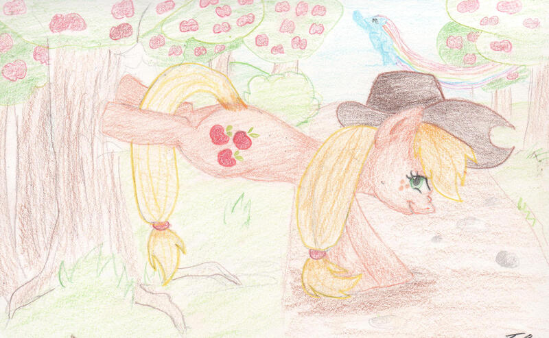 Size: 2458x1514 | Tagged: safe, artist:alcidence, derpibooru import, applejack, rainbow dash, earth pony, pegasus, pony, apple, apple orchard, apple tree, applebucking, food, image, jpeg, nose wrinkle, orchard, rainbow trail, traditional art, tree