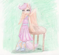 Size: 2491x2326 | Tagged: safe, artist:alcidence, derpibooru import, scootaloo, pegasus, semi-anthro, clothes, dress, image, jpeg, solo, table, traditional art