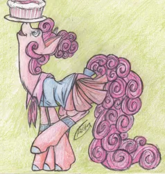 Size: 1622x1705 | Tagged: safe, artist:alcidence, derpibooru import, pinkie pie, earth pony, pony, cake, clothes, food, image, jpeg, ponies balancing stuff on their nose, shirt, skirt, socks, solo, traditional art