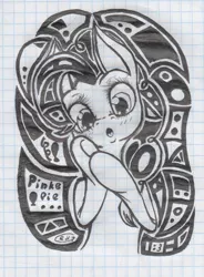 Size: 1084x1473 | Tagged: safe, artist:alcidence, derpibooru import, pinkie pie, earth pony, pony, black and white, graph paper, grayscale, image, ink drawing, jpeg, monochrome, solo, traditional art