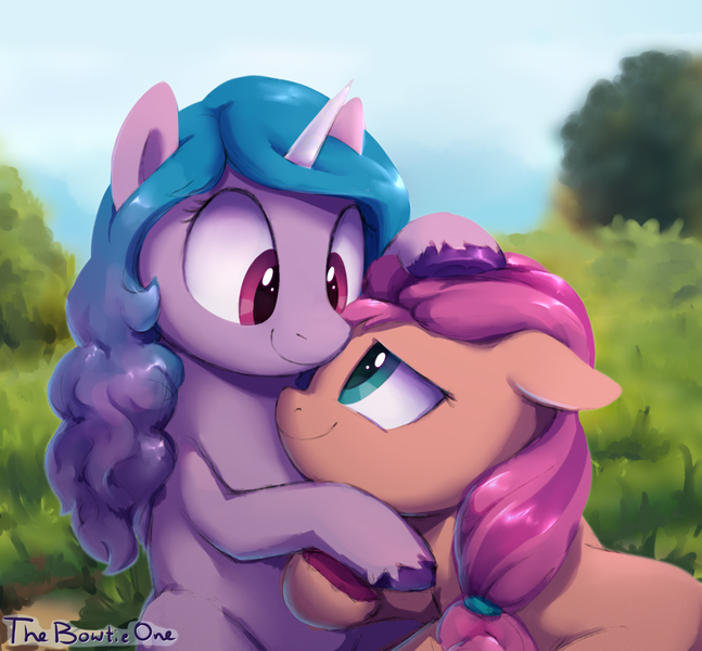 Size: 1412x1310 | Tagged: safe, artist:thebowtieone, derpibooru import, izzy moonbow, sunny starscout, earth pony, pony, unicorn, cuddling, cute, female, floppy ears, g5, head pat, image, izzyscout, lesbian, looking at each other, pat, png, shipping, smiling, smiling at each other