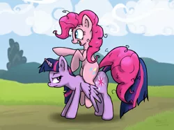 Size: 1799x1353 | Tagged: safe, artist:corsairsedge, derpibooru import, pinkie pie, twilight sparkle, twilight sparkle (alicorn), alicorn, earth pony, pony, duo, excited, female, image, mare, outdoors, pinkie pie riding twilight, png, pointing, ponies riding ponies, riding, scenery, smiling, twilight is not amused, unamused