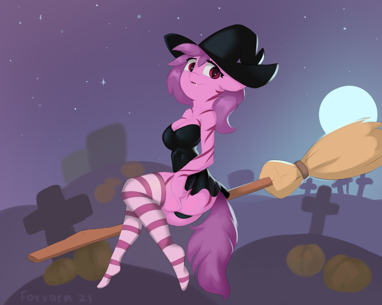 Size: 2000x1600 | Tagged: suggestive, artist:foxyara, derpibooru import, oc, unofficial characters only, anthro, pony, anthro oc, broom, clothes, commission, female, flying, flying broomstick, halloween, hat, holiday, image, mare, moon, night, png, pumpkin, socks, solo, solo female, stars, striped socks, witch, witch hat