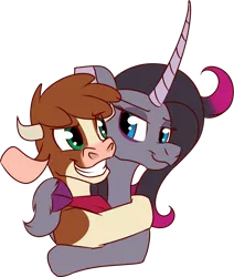 Size: 1056x1243 | Tagged: safe, artist:redahfuhrerking, derpibooru import, oleander (tfh), classical unicorn, cow, pony, unicorn, them's fightin' herds, arizona (tfh), cloven hooves, community related, curved horn, horn, hug, image, leonine tail, png, simple background, solo, transparent background, unshorn fetlocks
