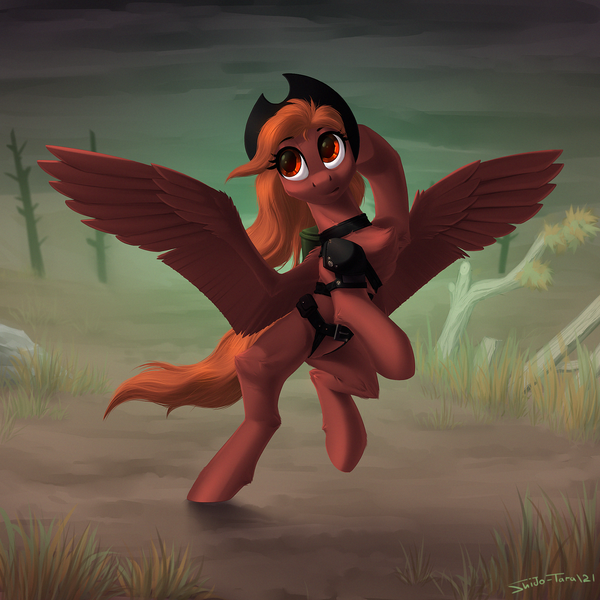 Size: 2000x2000 | Tagged: safe, artist:shido-tara, derpibooru import, oc, oc:calamity, unofficial characters only, pegasus, pony, fallout equestria, bag, belts, female, hat, high res, image, mare, pegasus oc, png, rule 63, solo, spread wings, wings