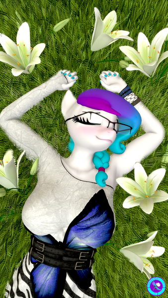 Size: 2160x3840 | Tagged: safe, derpibooru import, oc, oc:aurora starling, unofficial characters only, anthro, earth pony, blushing, breasts, busty oc, cute, earth pony oc, eyes closed, female, flower, glasses, grass, grass field, high res, image, lying down, ocbetes, on back, png, smiling, solo