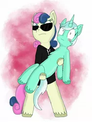 Size: 1536x2048 | Tagged: safe, artist:princessmufnart, derpibooru import, bon bon, lyra heartstrings, sweetie drops, earth pony, pony, unicorn, agent, bipedal, blushing, carrying, clothes, female, image, jpeg, lesbian, lyrabon, secret agent sweetie drops, shipping, suit, sunglasses, wide eyes